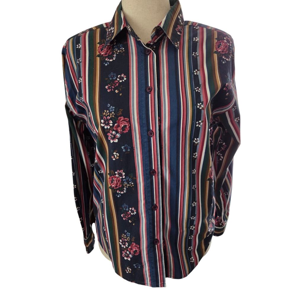 Vintage Floral Striped Button Down Shirt -Colorful Unique Cottagecore Cabincore